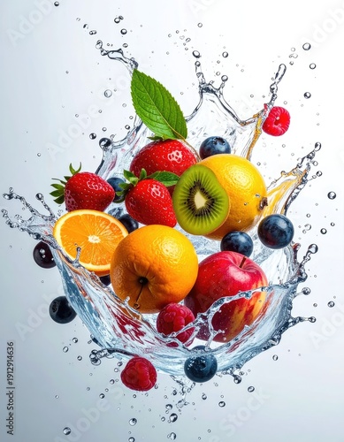 Vibrant mixed fresh fruits splashing dramatically into clear water.
