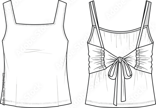 Women's sleeveless blouse technical fashion illustration showing front and back views with decorative bow detail in clean vector style