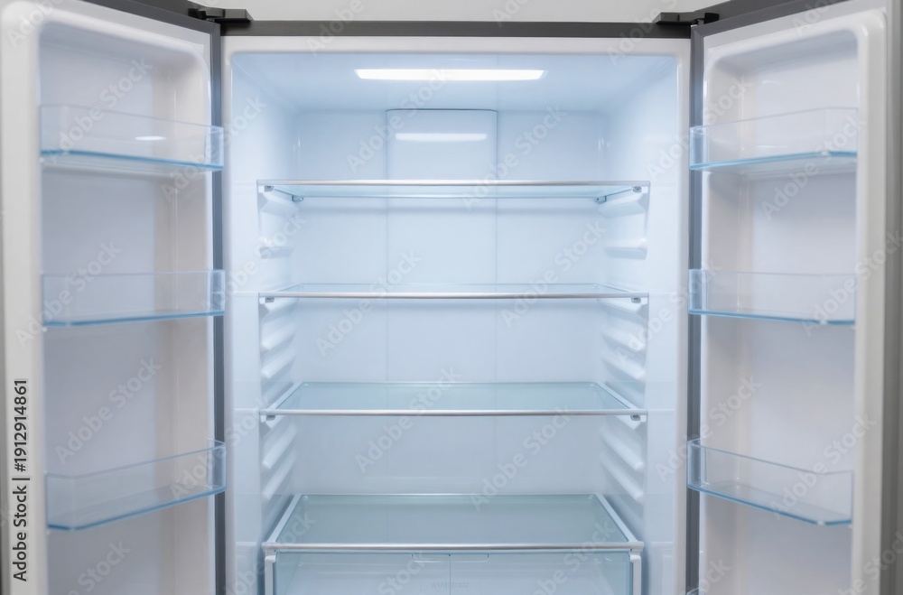 Fototapeta premium Empty Refrigerator Interior with Shelves and LED Lighting for Food Storage and Appliance Concepts