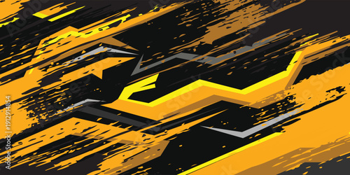 Dynamic yellow and black racing livery pattern. Futuristic vector wrap graphic for vehicle or esports team uniform.