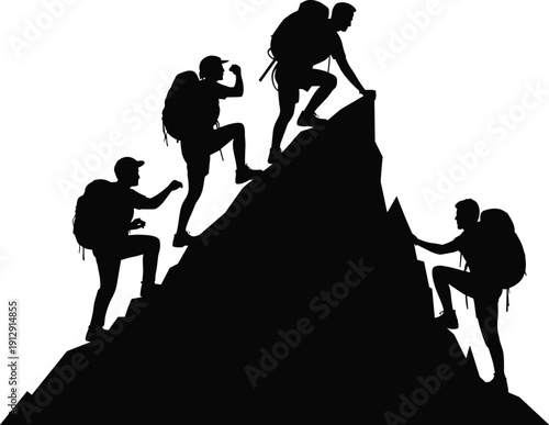 Silhouette of hikers climbing mountain peak, teamwork adventure trekking expedition success outdoor exploration black and white vector illustration concept
