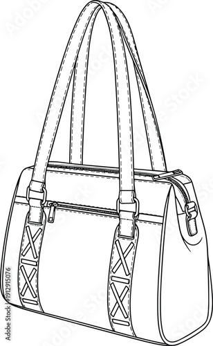 Elegant handbag technical fashion illustration in perspective view featuring stitched straps zipper pocket and structured modern tote design vector