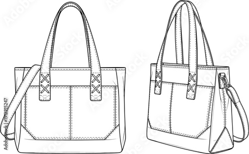 Detailed tote bag technical fashion illustration showing front and perspective views with stitching handles and detachable shoulder strap vector