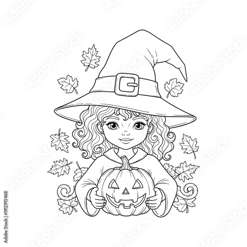 A little girl in a witch hat holding a jack o lantern Vector