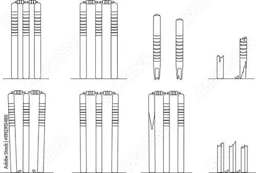 Set of Black and White Linear Vector Illustrations Featuring Cricket Stumps and Bails in Various Conditions Including Broken and Standing Poses Isolated on White Background.
