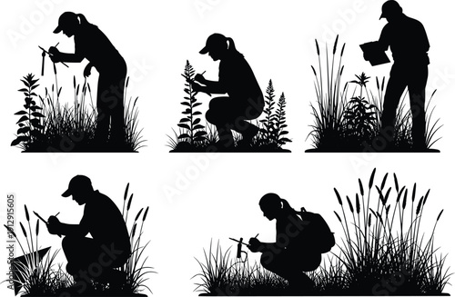 Set of Six Professional Field Researcher and Biologist Silhouettes Studying Plants in Nature, Science and Environmental Research Vector Illustration Isolated,