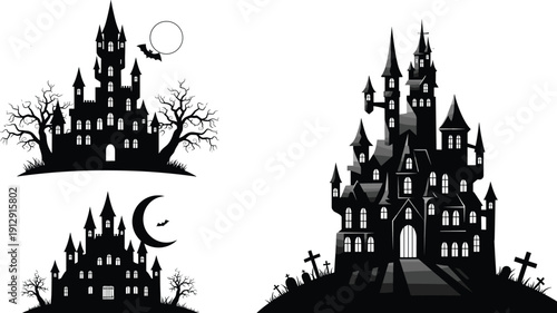 Set of Spooky Haunted Castle Silhouettes with Graveyard and Moon, Horror Gothic Mansion Vector Illustration Isolated on White Background for Halloween,