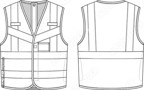 Front and back view reflective safety vest technical flat sketch with pockets straps high visibility workwear design template
