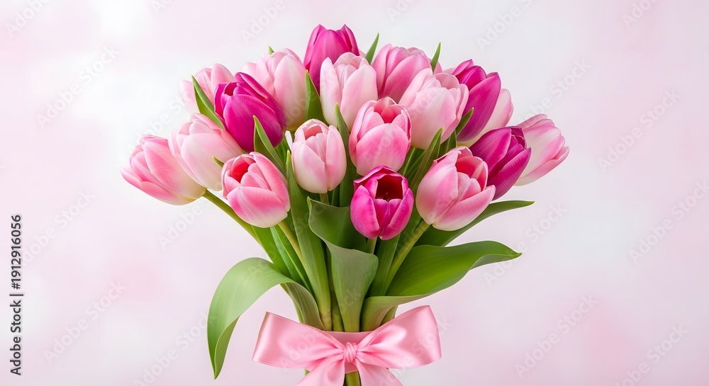 Obraz premium Pink tulip flowers bouquet on white background fresh glazed donuts on white background
