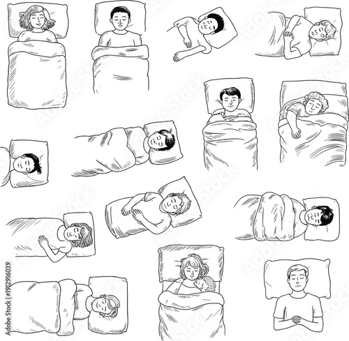 Sleeping people top view set, men women and children bedtime poses hand drawn outline vector illustration collection
