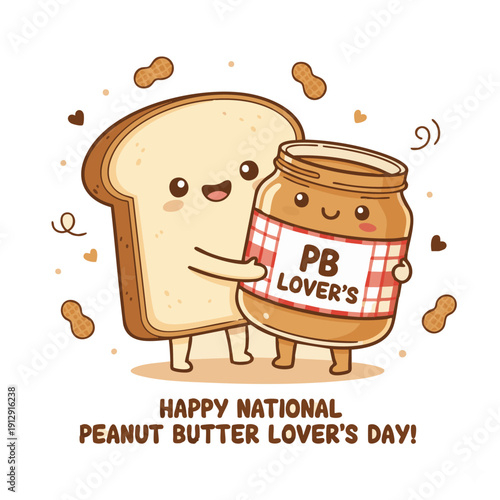 Cute Peanut Butter Lover’s Day Cartoon Illustration with Bread and Peanut Butter Jar