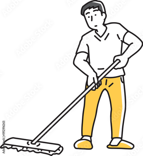 モップで床掃除をする男性