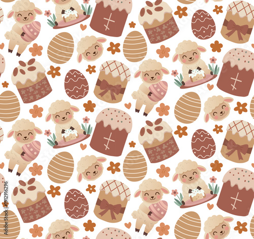 Beige Boho Easter Seamless Pattern with Lamb, Kulich and Eggs – Minimal Spring Background