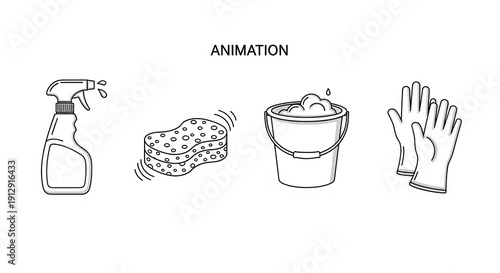 Cleaning Supplies Animation Icons: Spray Bottle, Sponge, Bucket, Gloves