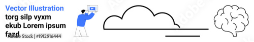 Person holding a laptop, cloud outline suggesting storage, and brain implying creativity and ideas. Ideal for technology, innovation, brainstorming, cloud storage, education, artificial intelligence