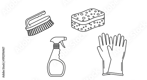 Cleaning Supplies: Brush, Sponge, Spray Bottle, Gloves - Essential Household Tools