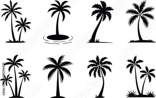 Black and White Symbols Representing Beach, Summer, and Travel, Clean Vector Pictograms of Different Palm Species and Poses, vector, illustration, silhouette.