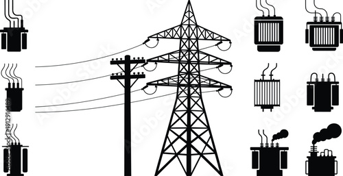 Black vector silhouette set of electrical power lines high voltage transmission towers and various utility transformers for energy distribution industrial engineering and electricity supply,