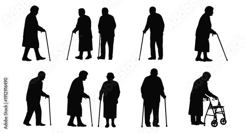 Elderly people silhouettes using canes and walkers for mobility assistance and support daily