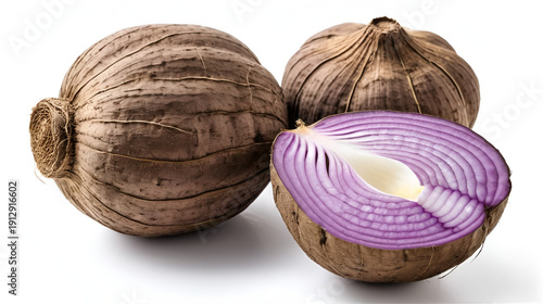 taro roots on white background