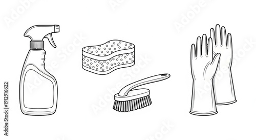 Cleaning Supplies: Spray Bottle, Sponge, Brush, and Gloves - Hand-Drawn Illustration