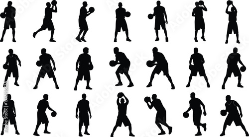 Large collection of basketball player silhouettes in various action poses including dribbling and shooting isolated on white background for sports marketing and athletic design