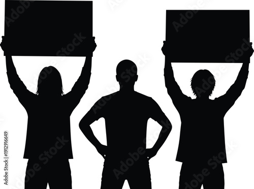 Group of People Silhouette Holding Blank Placards and Signs in Protest, Activism and Demonstration Concept, Vector Illustration Isolated on White Background,