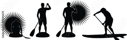Stand up paddle boarding silhouette set, SUP surfer with paddle and board isolated black vector illustration collection