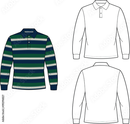Striped long sleeve polo shirt fashion technical flat sketch, front back views, mens casual apparel vector, clothing design template