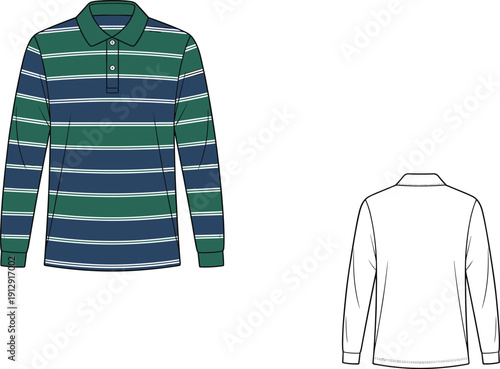 Striped long sleeve polo shirt fashion technical flat illustration, front back views, mens casual apparel vector, clothing template design