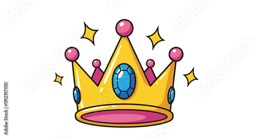 Cartoon style golden crown with jewels and sparkles on a white background illustration