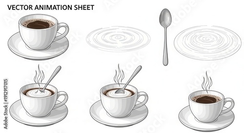 Coffee Cup Animation Sheet: Hot Drink, Spoon, Steam, Saucer, Vector Graphics
