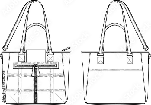 Front and back view quilted tote handbag technical flat sketch with zipper pockets straps fashion accessory design template