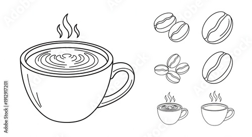 Coffee Cup with Beans and Steam - Hand-Drawn Line Art Illustration