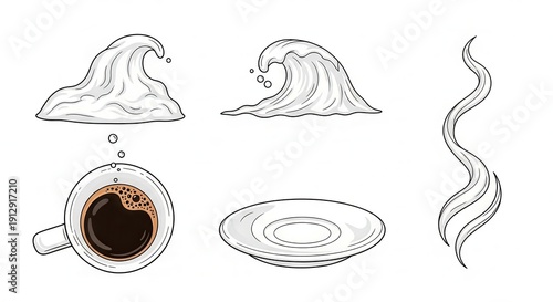 Coffee Cup with Steam Waves and Plate, Top View
