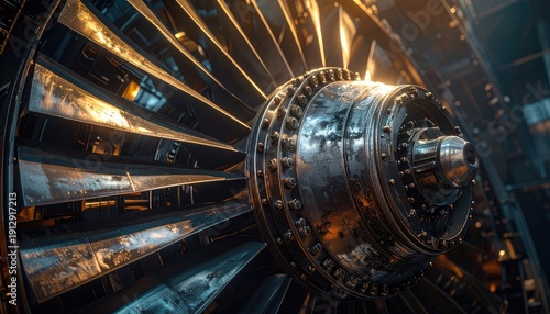 Close-up of a weathered industrial turbine fan blades and hub under warm lighting.