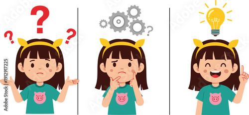 Cute cartoon girl with headband showing process of thinking from confusion with question marks to having a bright idea with a lightbulb