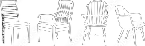 Collection of dining chairs technical flat sketch showing different styles front and perspective views furniture design template