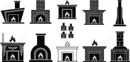 Collection of various fireplace and chimney silhouettes featuring brick wood burning stoves and classic hearth designs isolated on white background for interior decor