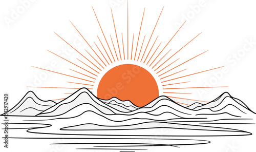 Sunset over mountain range, minimalist line art landscape with orange sun rays and water reflection vector illustration isolated on white