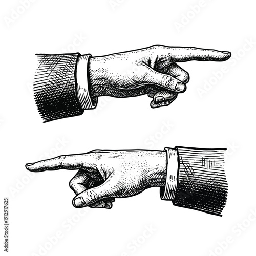 A vintage black silhouette illustration of a human hand holding a microphone with a business gesture symbol drawing
