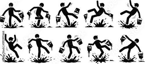 Collection of stick figure silhouettes showing a painter slipping in a paint puddle and falling while carrying buckets of liquid for safety concept