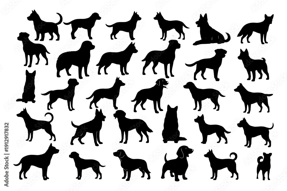 Fototapeta premium Dog Breed Silhouettes Set – Hand Drawn Pet and Puppy Vector Icons