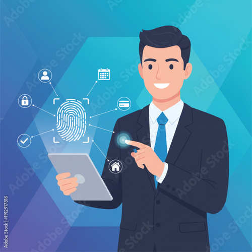 A businessman's hand presses a digital icon on a virtual touchscreen tablet to connect with a global social network and future internet technology concept