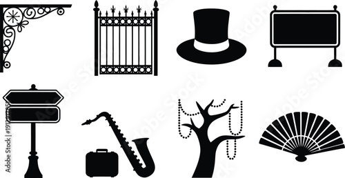 Vintage Silhouette Icon Set with Wrought Iron Gate, Signboards, Top Hat, Saxophone, Suitcase, Fan and Corner Ornament