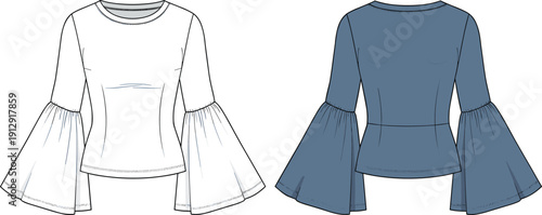 Front and back view women blouse technical flat sketch with bell sleeves fitted waist fashion apparel design template