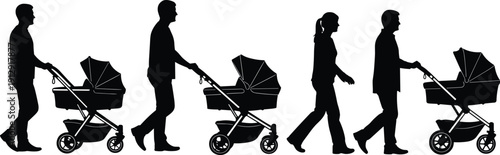 Vector silhouette set of fathers pushing baby strollers and mother walking in a row symbolizing shared parenting duties and active family lifestyle.