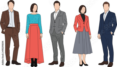 Flat vector illustration of diverse professional business people standing in stylish office attire isolated on white background for corporate design.
