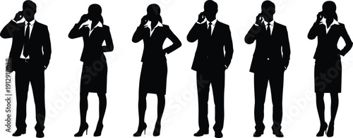 Full body black silhouettes of diverse businessmen and businesswomen in suits talking on mobile phones in professional poses isolated on a white background.