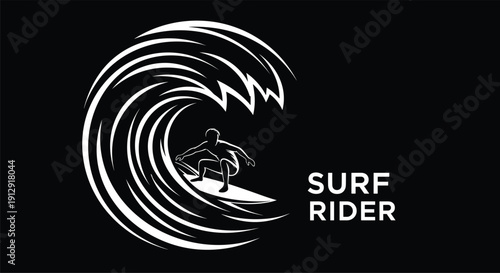 White silhouette of a surfer riding a wave with the text Surf Rider next to it on a black background